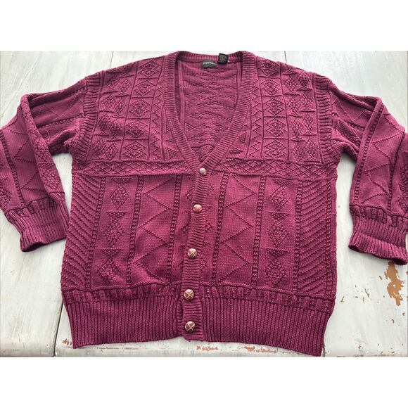Vtg Structure Burgundy Cable Knit Fisherman Leather Buttons Cardigan Sz L 90s - Picture 1 of 10